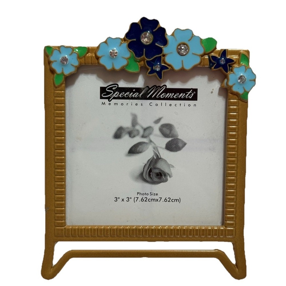 Special Moments Mini Photo Frame 3" x 3" Floral Rhinestone Easel Memories Blue